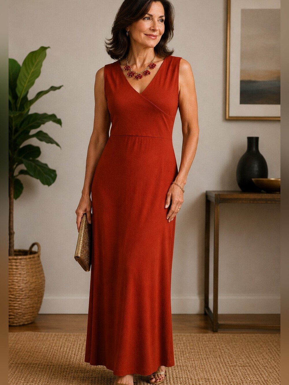 Eileen Fisher Rust Red Sleeveless Maxi Dress Minimalist Stretch Knit USA Made